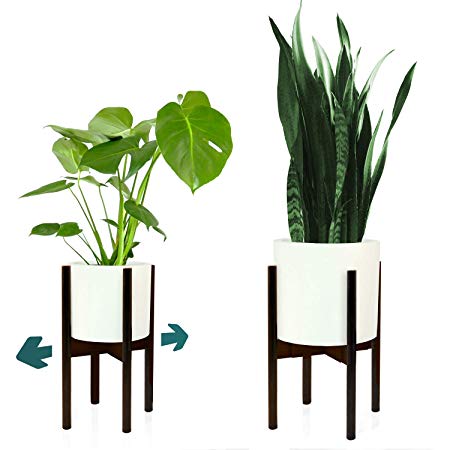 FOX & FERN Mid-Century Modern Plant Stand - Adjustable Width 8" up to 12" - Dark Bamboo -Excluding White Ceramic Planter Pot