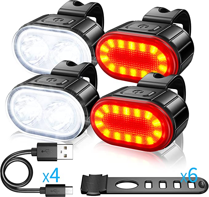 USB Rechargeable Bike Lights Set, Super Bright 2 LED Front and Back Rear Bicycle Light, IPX5 Waterproof Mountain Road Cycle Headlight and Taillight Set for Men Women Kids (4/6 Modes)