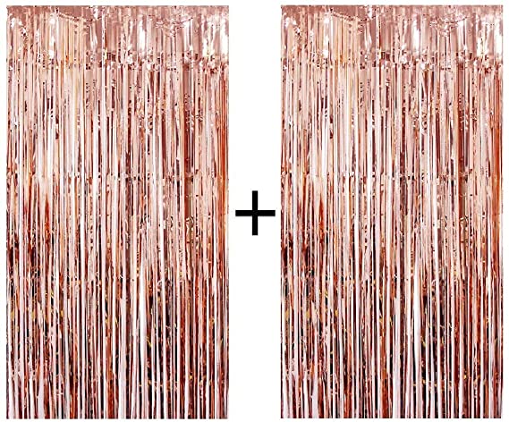 Blukey Foil Fringe Backdrop Metallic Tinsel Curtain 3ft x 8ft (SET OF 2), Rose Gold