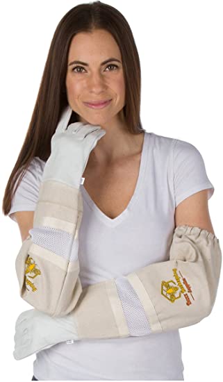 Beekeeping Gloves Large Ventilated Sleeves - Elastic Sting Proof Gauntlet Cuffs Genuine Cow Leather Long Thick Sleeves Apiary Vented Bee Gloves Ideal for Professional or Beginning Beekeeper