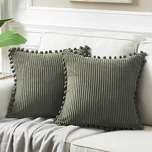 Fancy Homi 2 Pack Olive Green Small Decorative Throw Pillow Covers 14x14 Inch with Pom-poms for Couch Bedroom, Soft Corduroy Solid Rectangle Cushion Case 35x35 cm, Farmhouse Boho Home Décor