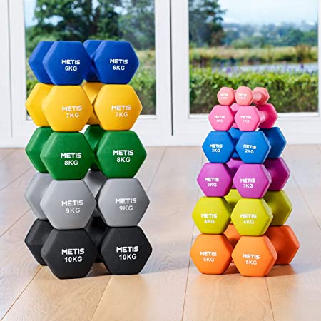 METIS Neoprene Hex Dumbbells [0.5kg – 10kg] | | Hand Dumbbell Weights Set - Ideal For Arm Exercise, Toning & Pilates | Gym/Home Fitness Weights – Sold In Pairs OR Complete Set