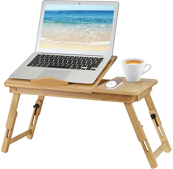 Laptop Desk Bamboo Lap Desk with USB Radiator Bed Tray with 4 Angles Tilting Serving Table with Adjustable Foldable Legs and Storage Drawer for Computer Book Food in Sofa Bed (USA Stock)