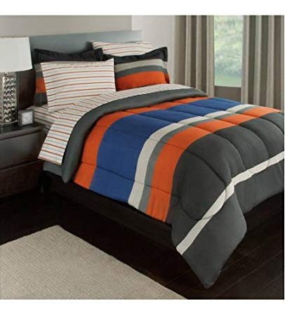 Gray, Orange & Blue Stripes Boys Teen Twin Comforter Set (5 Piece Bed In A Bag)   HOMEMADE WAX MELT