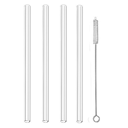 Clear Straight Glass Drinking Straws, 9" x 10 mm Reusable Smoothie Straws, Set of 4 with Cleaning Brush