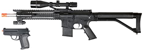 bbtac p1137 airsoft gun spring airsoft rifle w/ scope, tactical red dot light & flashlight and bonus spring airsoft pistol in combo box, with bbtac warranty(Airsoft Gun)