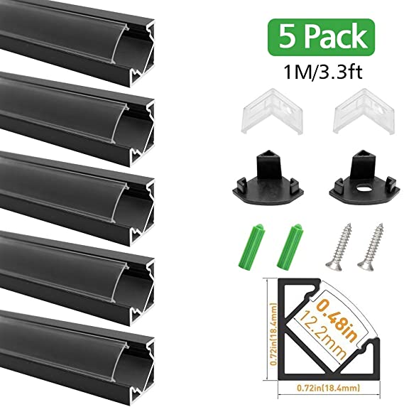 LightingWill Clear LED Aluminum Channel V Shape Corner Mounted 3.3Ft/1M 5 Pack Anodized Black Profile for &lt;12mm 5050 3528 LED Flex/Hard Strip Lights with Covers, End Caps, and Mounting Clips TP-V03B5