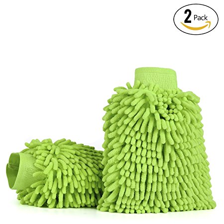 Car Wash Mitts (2-pack), iTavah Premium Microfiber Chenille Super Absorbent Wash and Wax Glove (Green)