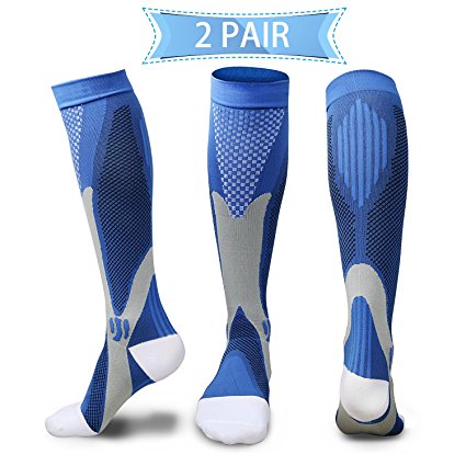 Compression Socks for Men & Women(2 Pairs), BEST Medical Grade Graduated Recovery Stockings for Nurses, Boost Stamina, Varicose, 20-30 Mmhg Fit for Running, Medical, Flight Travel (Blue)