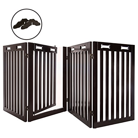 Arf Pets Free Standing Wood Dog Gate with Walk Through Door, Adjustable - BONUS Set of Foot Supporters Included