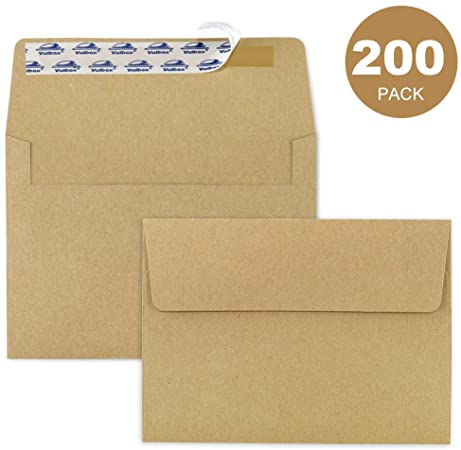 ValBox 200 Qty A7 Invitation Envelopes 5 x 7, 120GSM Brown Kraft Paper Envelopes for 5x7 Cards, Self Seal, Weddings, Invitations, Baby Shower, Stationery, Office, 5.25 x 7.25 Inches