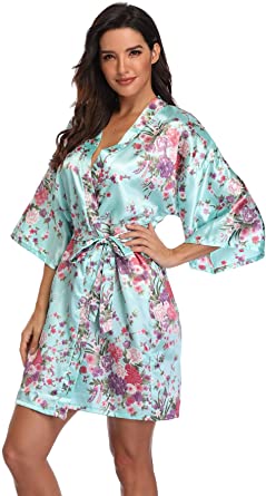 Women's Floral Short Satin Bridesmaid Robes Silky Bride Robes Getting Ready