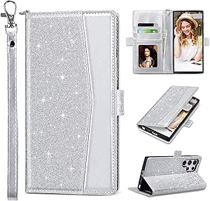 ULAK Compatible with Galaxy S23 Ultra Case Wallet, Samsung S23 Ultra Wallet Case with Card Holders for Women, Durable PU Leather Flip Kickstand Phone Cover for Galaxy S23 Ultra 6.8'', Silver Glitter