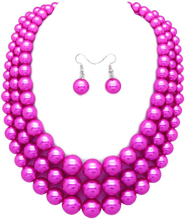 Women's Simulated Faux Three Multi-Strand Pearl Statement Necklace and Earrings Set