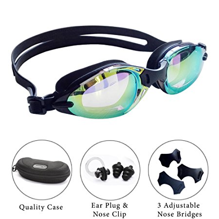 Swimming Goggles with 3 Adjustable Nose Bridge & Anti-Fog Tinted Lens by Bezzee-Pro, Leak Proof, Best For Triathlon, Adult Swim Goggle with Quality Case, Nose Clip & Ear Plugs