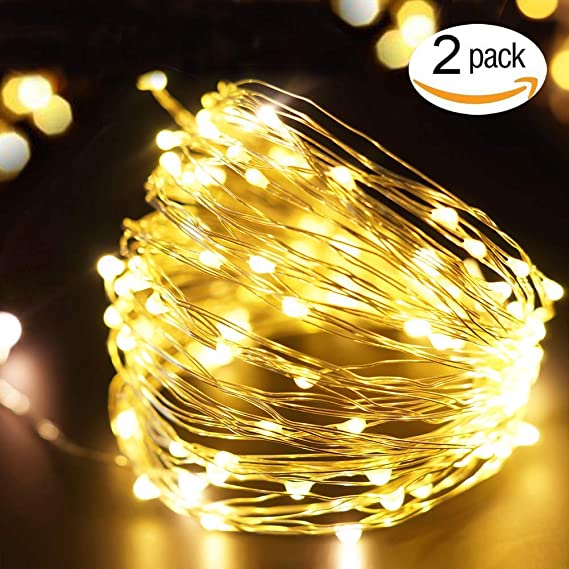 EShing 2-Pack 33ft 100 LED String Lights with Power Adapter, UL-Listed Silver Wire Warm White Waterproof Decorative Fairy Starry Lights for Wedding Party Bedroom Tapestry Garden Patio Gate Yard