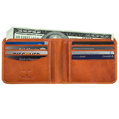 Mens Leather Bill Bi Fold Wallet Traditional Classic Design Multi Credit Card Slots Double Currency Divider Compartment Made with Real Italian Cowide Leather by Tony Perotti