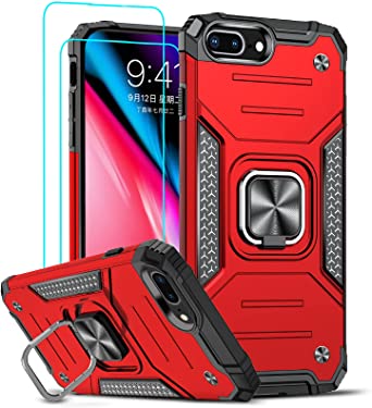 LeYi Compatible with iPhone 8 Plus Case, iPhone 7 Plus Case, iPhone 6s/6 Plus Case with 2 Tempered Glass Screen Protector, [Military-Grade] Phone Cover Case with Ring Kickstand for iPhone 6s Plus, Red