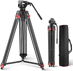 NEEWER 74" Video Tripod with Fluid Head [Basic Version], Metal Camera Tripod with Smooth Friction Damping, Mid Level Spreader, Quick Release Plate Compatible with 501, Max Load 17.6lb, TP37