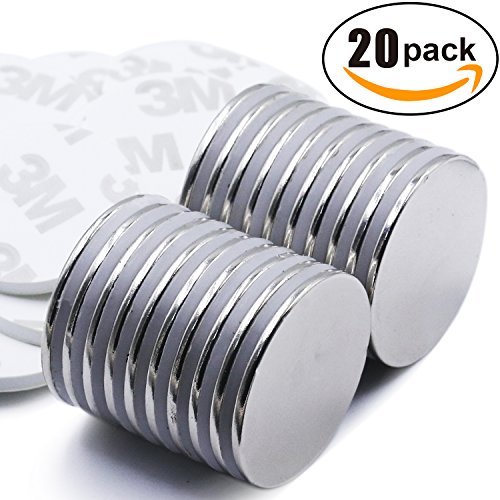 Strong Neodymium Disc Magnets with Double-sided Adhesive, Powerful, Permanent, Rare Earth Magnets. Fridge, DIY, Building, Scientific, Craft, and Office Magnets, 1.26"D x 0.08"H - Pack of 20