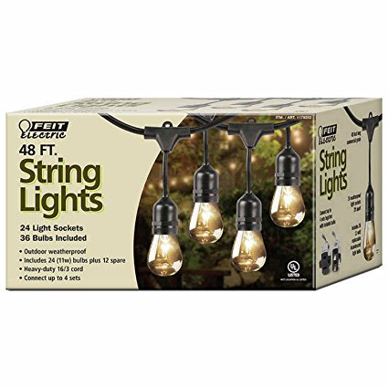 Feit Outdoor Weatherproof String Light Set, Black, 48 ft, 24 Light Sockets, Includes 36 Bulbs