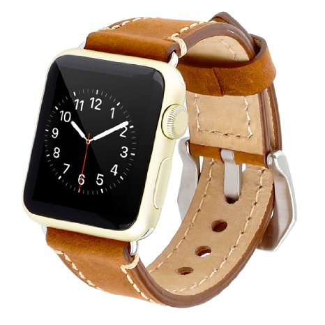 Apple Watch Band, iWatch Leather Wrist Band, Premium Vintage Crazy Horse Leather Watches Band with Secure Metal Clasp Classic Buckle Strap Replacement for Apple Watch 42mm (Dark Brown)