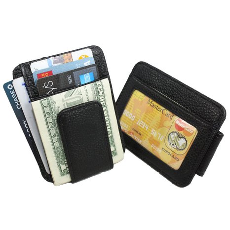 Fine Leather Money Clip with Magnet Slim Front Pocket Wallet with Velvet Gift Pouch