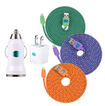3 Impeccable High Quality 2M Nylon Braided Lightning Cables with Wall and Car Charger TealPurpleOrange