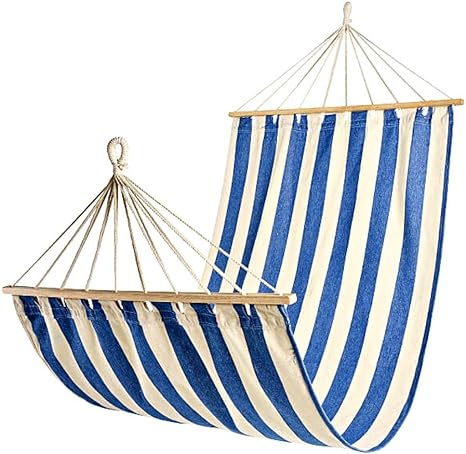 Blue Hammock Swing Bed with Wooden Bar, Premium Double Thickened Fabric Soft Canvas, Portable Travel Hanging Hammock for Camping and Outdoor (Large, BarBlueWhiteStripe)
