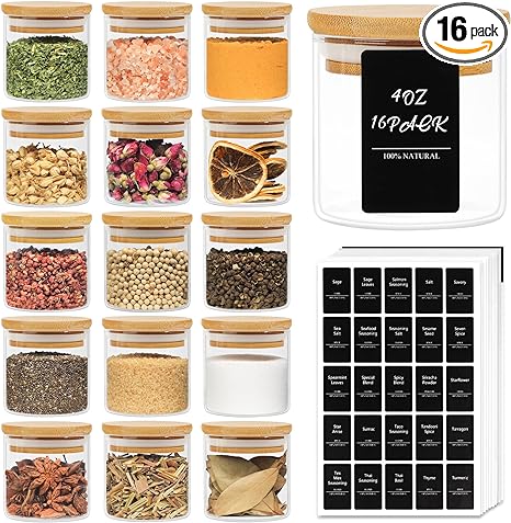 ComSaf 16Pcs Glass Spice Jars with Bamboo Lid, 4oz Airtight Round Spice Containers with 275 Black Lables, Empty Seasoning Jars for Spice Salt Sugar