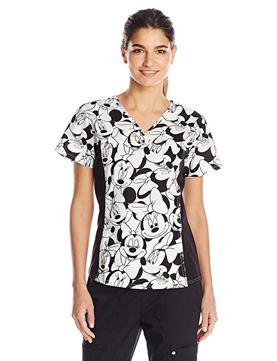 Disney Cherokee Women's V-Neck Knit Panel Top in Minnie Pattern