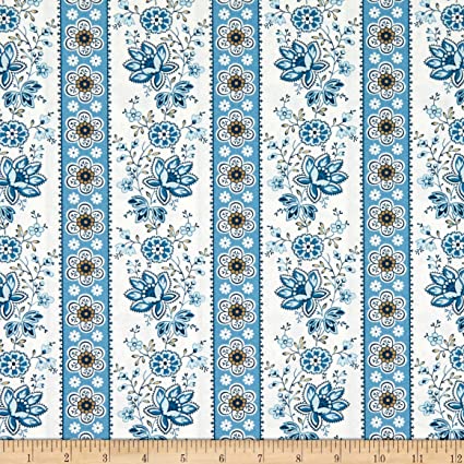 Andover Perfect Union Floral Stripe Blue Bell, Quilting Fabric by the Yard
