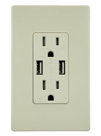 TOPGREENER TU2154A 4A High Speed Dual USB Charger Outlet 15A Tamper Resistant Receptacle & 2 Free Wall Plates, Ivory