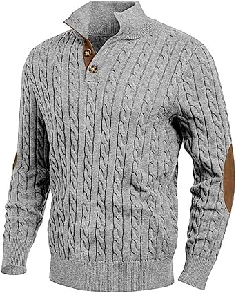 JMIERR Men's Cable Knit Pullover Sweater Casual Long Sleeve Stand Collar Button Knitted Sweaters