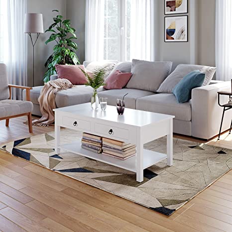 HOMECHO Coffee Table White Center Tables Living Room with 2 Drawers Organizer and Storage Shelf Rectangular Wood Modern Cocktail Sofa Table Home Furniture, White, HMC-MD-018