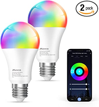 Smart WiFi LED Light Bulb , Maxcio RGBCW Color Changing Light Bulb Works with Alexa & Google Home, Bluetooth Light Bulb Music Sync with APP Control, A19 E26 9W 60W Equivalent, No Hub Required, 2 Pack