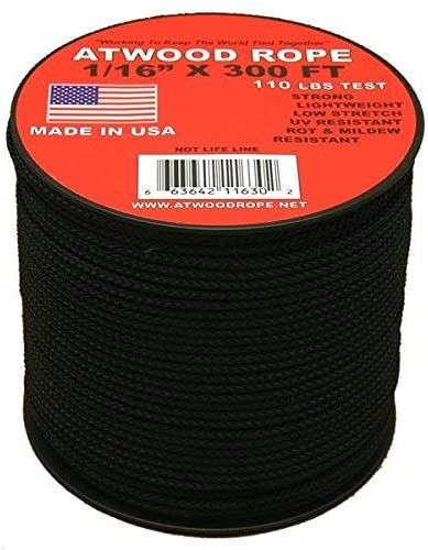 Paracord by Ripcord Atwood Rope 1/16 inch Microcord 300 Foot Spool, Mosquito Cord, 2mm Paracord,Wind Chime Cord - Black