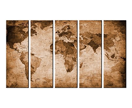 Canvas Wall Art Vintage World Map Canvas Prints Framed 36" x 60" - 5 Piece Canvas Art Retro Large Map of the World Painting Pictures Artwork Ready to Hang for Home Office Decoration