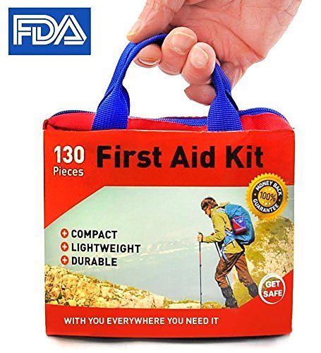 Ultra-light - 130 Supplies Medical First Aid Kit - by Get Safe - Bonus Flashlight Included - FDA Approved And Ideal for Travel Plus Home