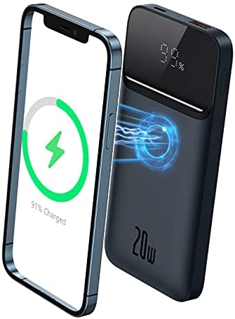 Magnetic Wireless Portable Charger, Baseus 10000mAh Mag-Safe Power Bank, 20W PD USB-C Wired Fast Charging Battery Pack with LED Display, Design for iPhone 12/12 Pro/12 Pro Max/12 Mini (Blue)