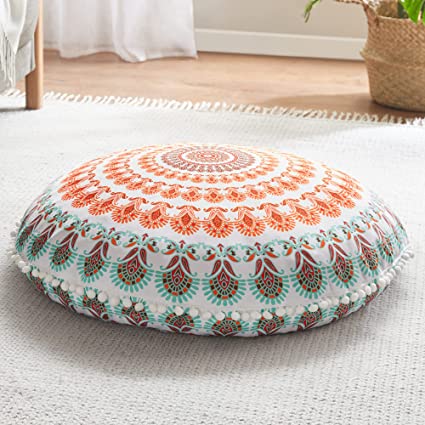 Codi Meditation Floor Pillow, Round Large Pillows Seating for Adults, Bohemian Mandala Circle Floor Cushions for Outdoor Fireplace Yoga Living Room, 32 Inch, Coral, Memory Foam Filling