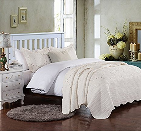 Brandream Romantic Cream White Purple Green Coverlet Quilt Set Queen King Size Embroidery Bedspread