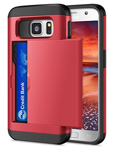 Galaxy S7 Case, WINNETEK Hybrid Armor Galaxy S7 Wallet Case Card Holder Shell Heavy Duty Protection Defender Shockproof Anti-Scratch Soft Rubber Bumper Case Drop Resistant Cover for Galaxy S7 - Red