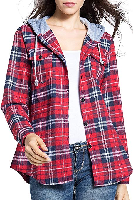 BomDeals Women's Classic Plaid Cotton Hoodie Button-up Flannel Shirts