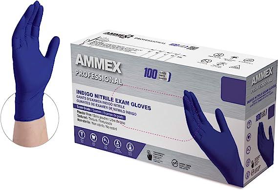 Ammex Indigo Nitrile Exam Gloves, 3 Mil, Latex Free, Powder Free, Textured, Disposable, Non-Sterile, Food Safe