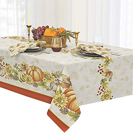 Newbridge Brilliant Autumn Double Border Thanksgiving Fabric Tablecloth, Fall Harvest Floral Tablecloth, 60 Inch x 144 Inch Oblong/Rectangle