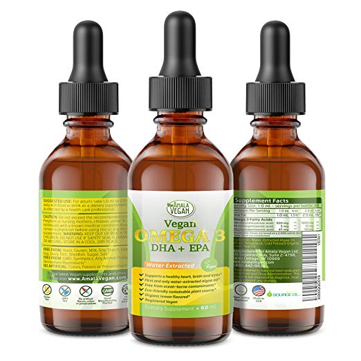 Vegan Omega 3 Liquid Supplement - Essential Fatty Acids, DHA, EPA & DPA - Marine Algal Based & Non GMO -Improve Eye, Heart, Joint, Skin, Immune, Brain, Prenatal Health -Better than Fish Oil - 60 Doses
