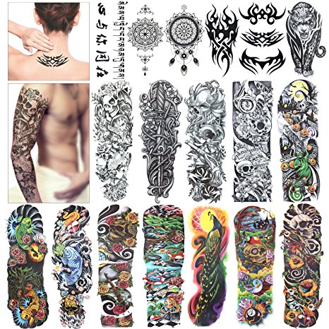 Full Arm Temporary Tattoo, Konsait Extra Temporary Tattoo Black tattoo Body Stickers for Man Women (18 Sheets)