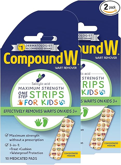 Compound W One Step Wart Remover Strips for Kids, 10 Medicated Strips for Wart Removal, 2 Pack