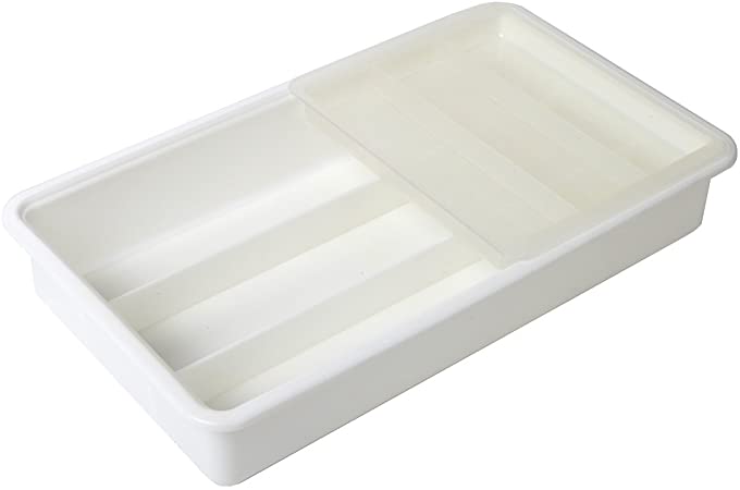 Home-X Drawer Organizer with Sliding Top Compartment, The Perfect Addition to Any Kitchen, White (12"L x 7"W x 2.25"H)